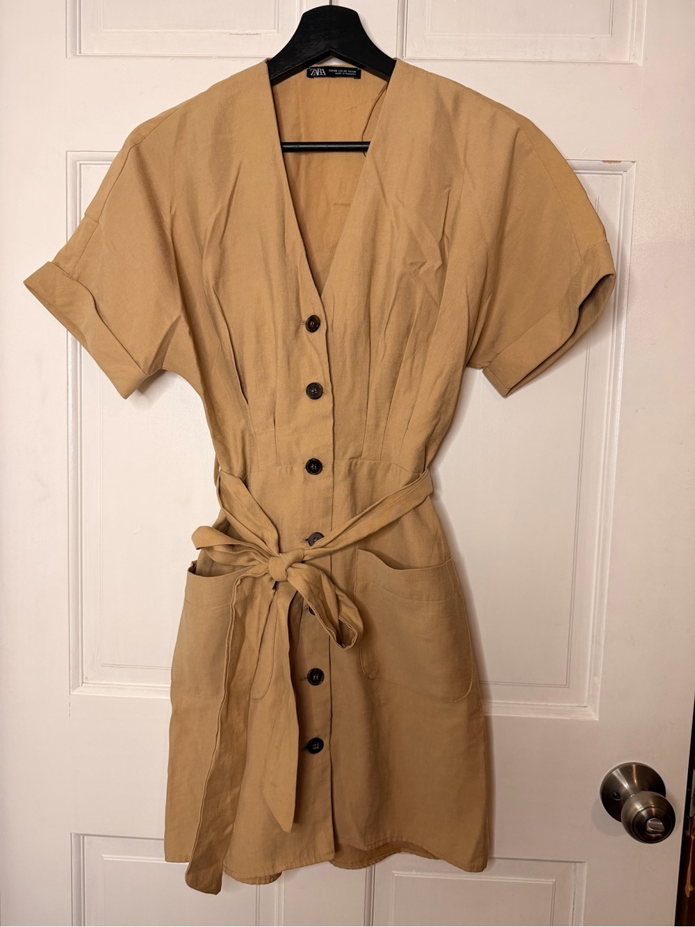 Zara Tan Button-Front Mini Dress with Tie Waist